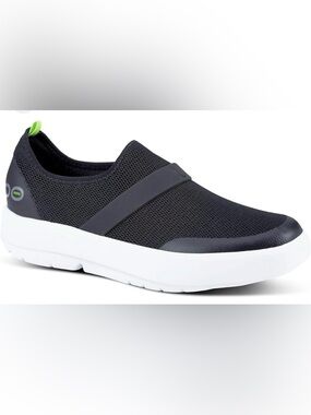OOFOS Women's Black Slip-On Sneaker with White Sole and Lime Pull Tab